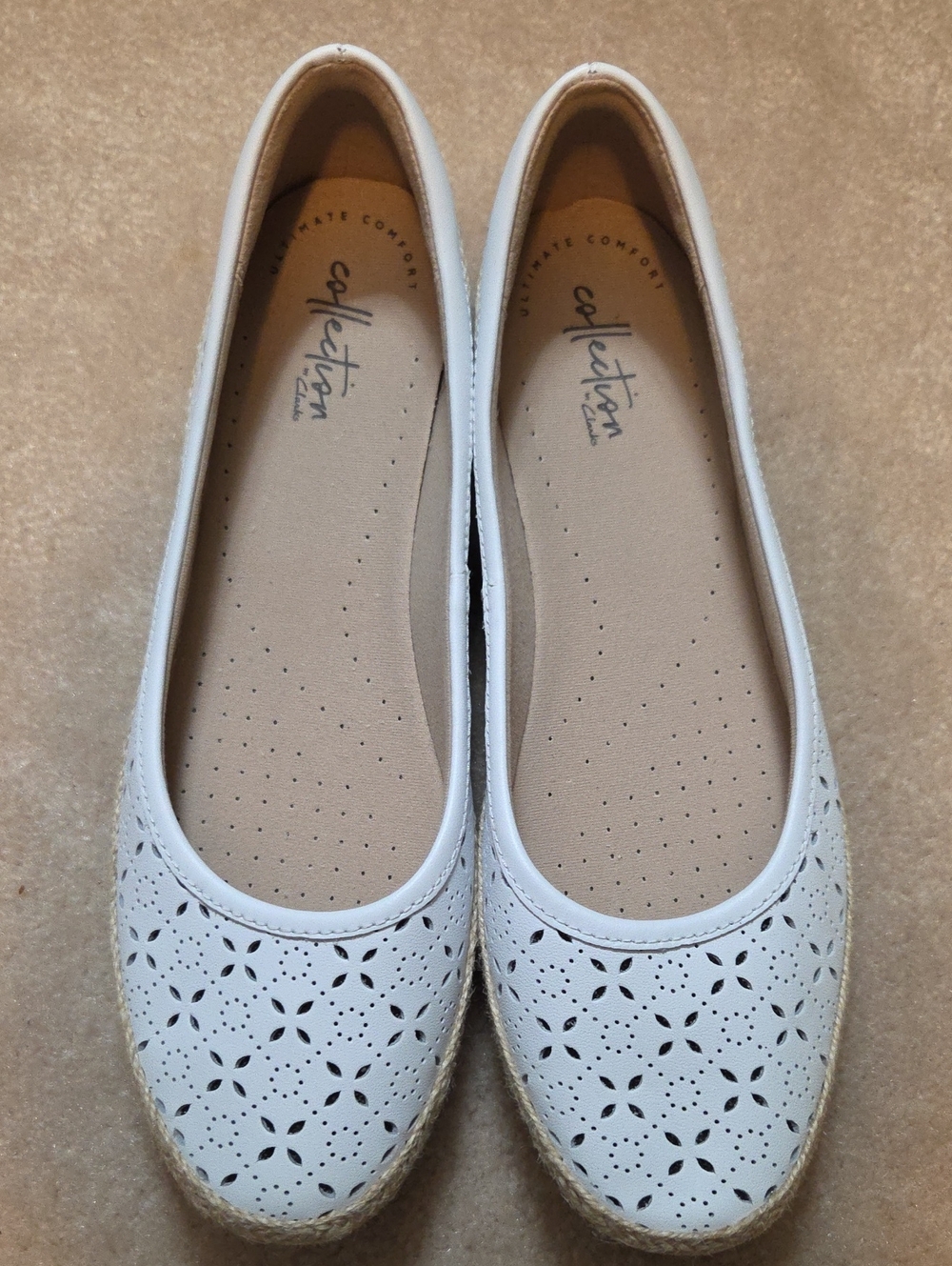 Clarks White Laser-Cut Espadrille Flats with Perforated Upper